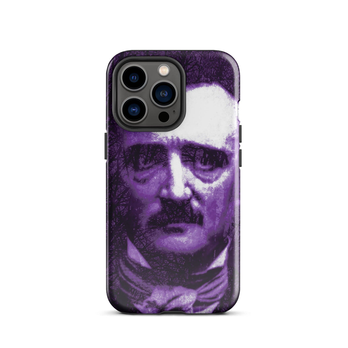 Tough iPhone case with purple and white gothic face print and quad camera cutout
