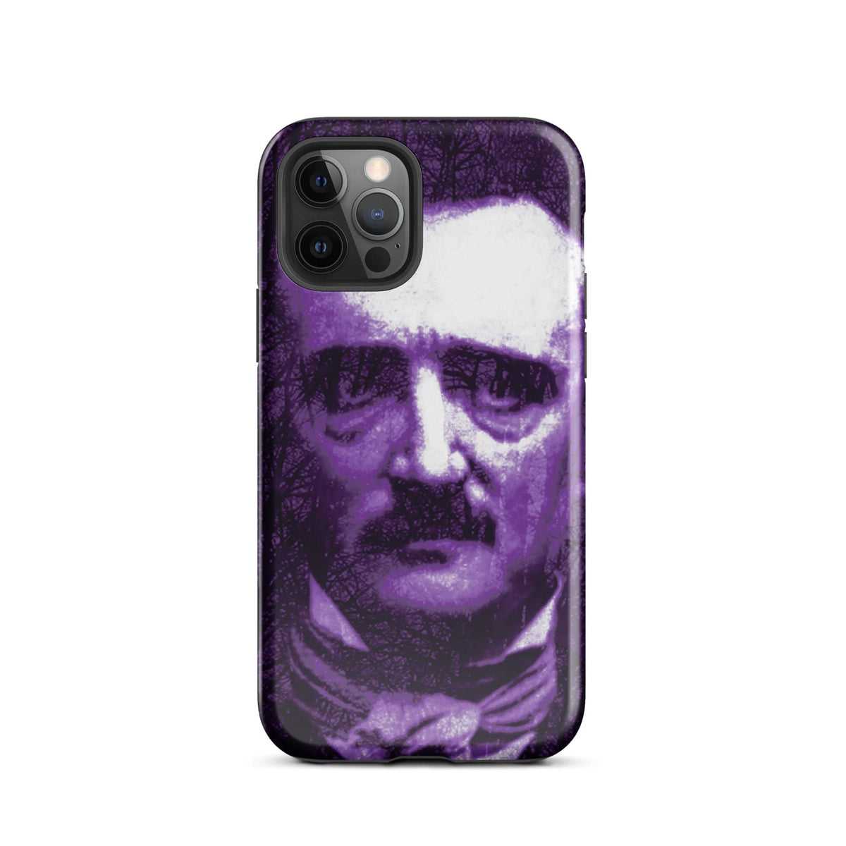 Purple and white portrait print tough iPhone case with camera openings and side edges