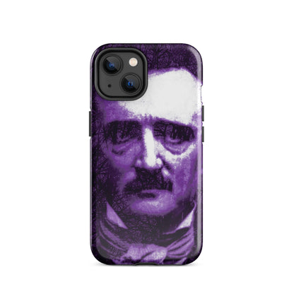 Purple and white tough iPhone case featuring a gothic face graphic and camera cutout