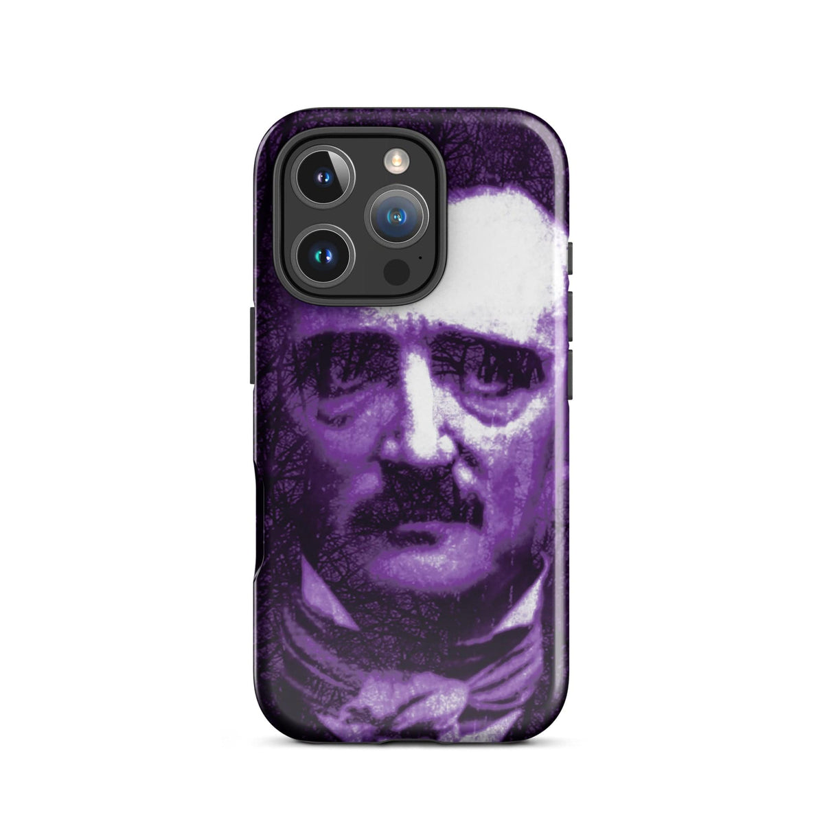Phone case with purple-and-white portrait face and multi-lens camera cutout
