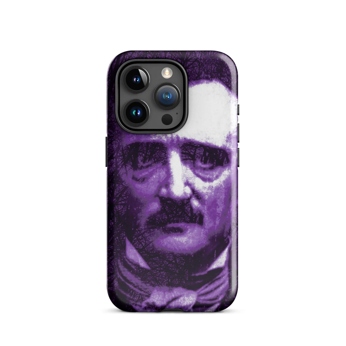 Phone case with purple-and-white portrait face and multi-lens camera cutout