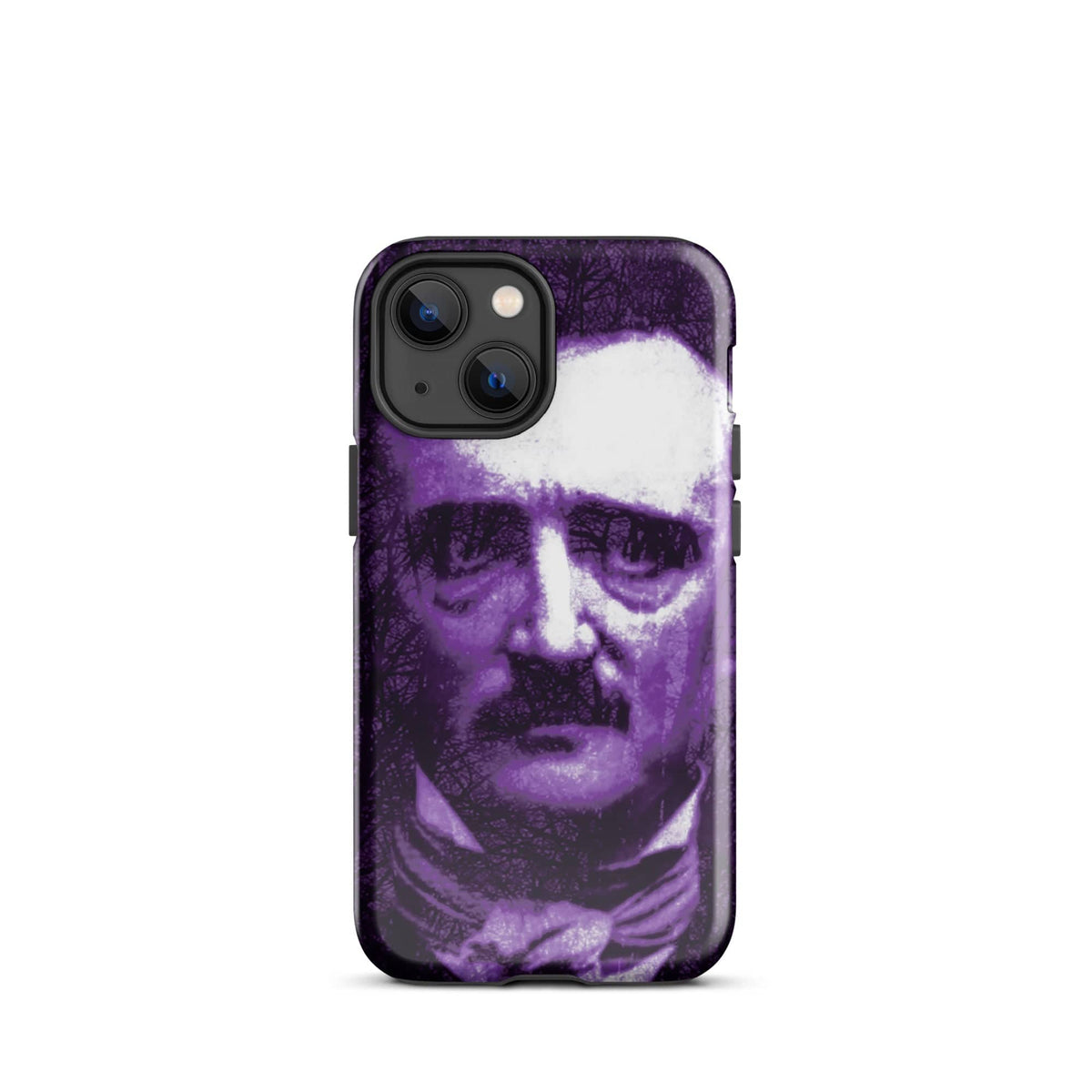 Gothic portrait print tough iPhone case in purple and white with rear camera openings