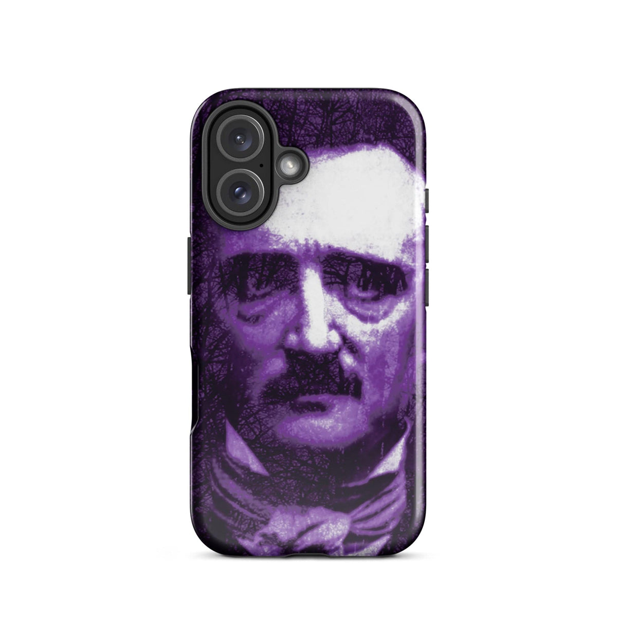 Phone case with purple-and-white portrait face and dual-lens camera cutout