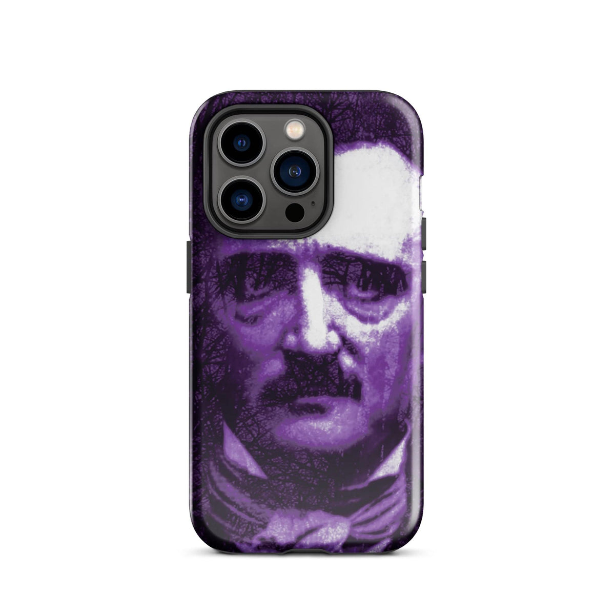 Phone case with purple-and-white portrait face and raised camera cutout
