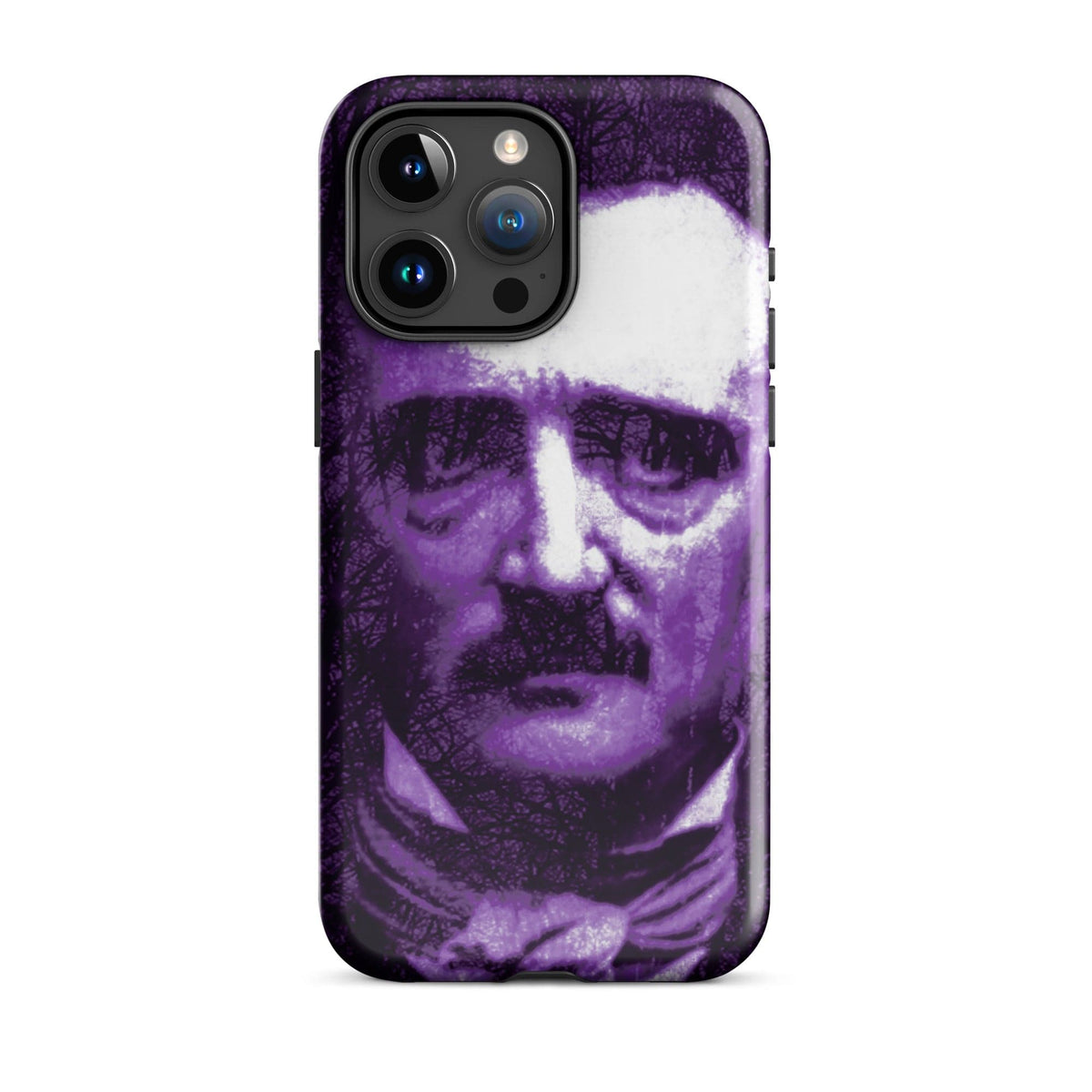 Phone case featuring a purple-and-white portrait face with raised camera panel