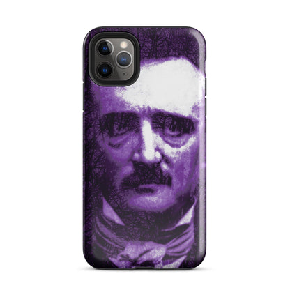 iPhone® tough case with purple-and-white portrait, straight-on back view and camera cutouts