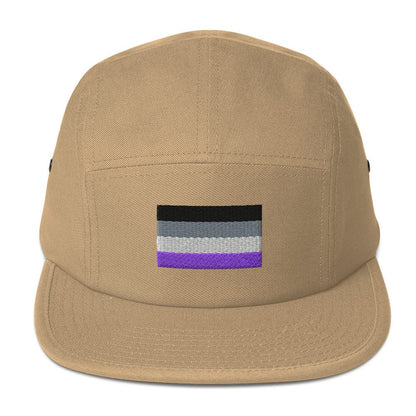 Khaki five-panel cap with purple and white flag stripe patch