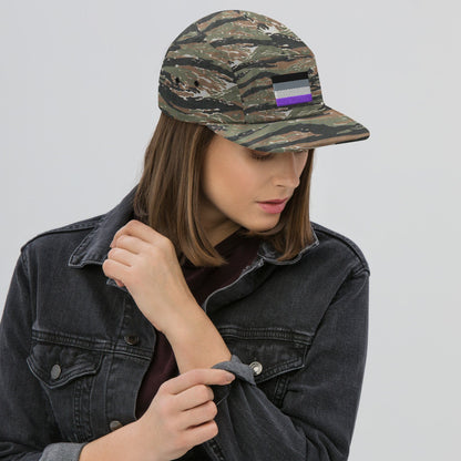 Green camouflage five-panel cap, side view, with purple flag stripe patch