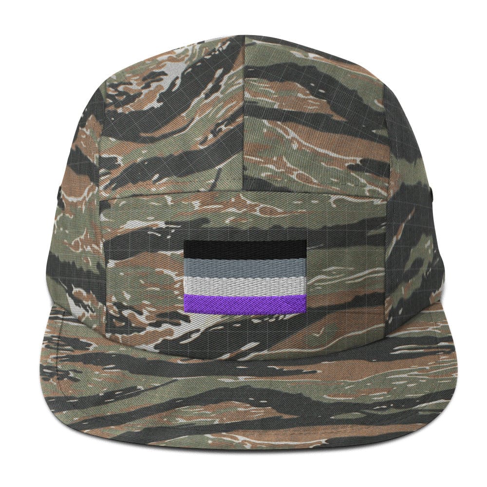 Green camo five-panel cap with purple flag stripe patch