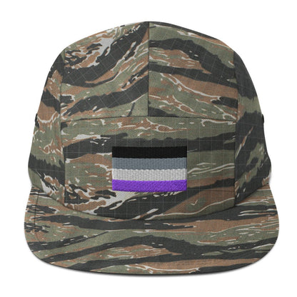 Green camo five-panel cap with purple flag stripe patch