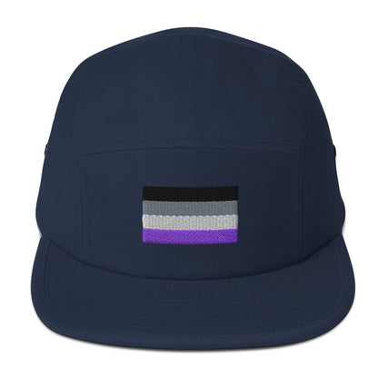 Navy five-panel cap with embroidered purple-and-gray flag stripe patch