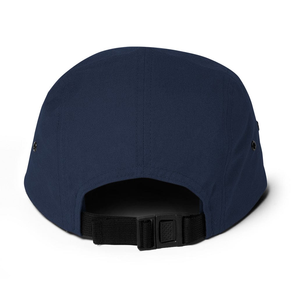 Navy five-panel cap with adjustable back strap and curved brim
