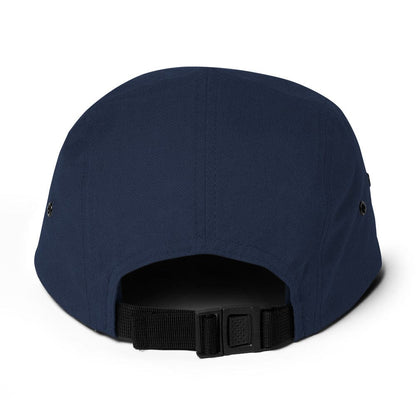 Navy five-panel cap with adjustable back strap and curved brim