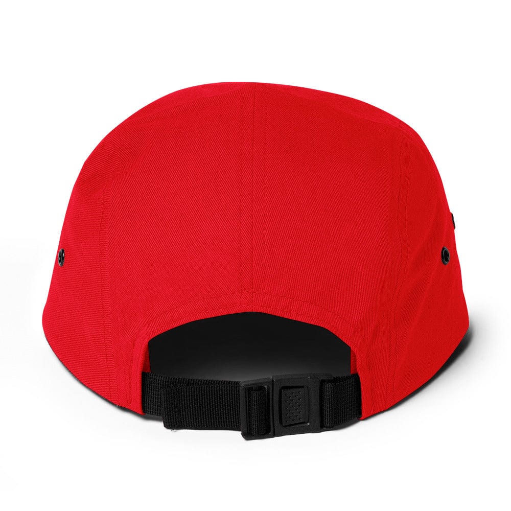 Red five-panel cap with adjustable back strap and curved brim