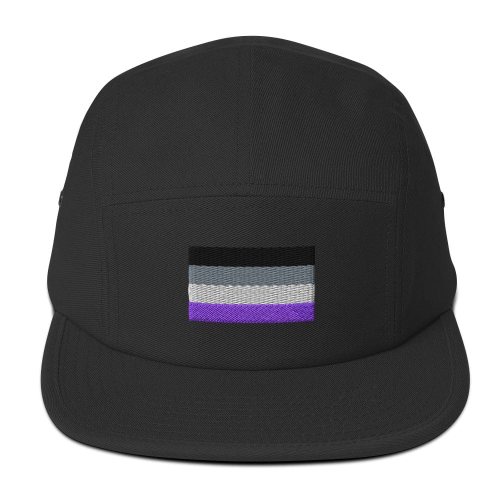 Black five-panel cap with embroidered purple-and-gray flag stripe patch