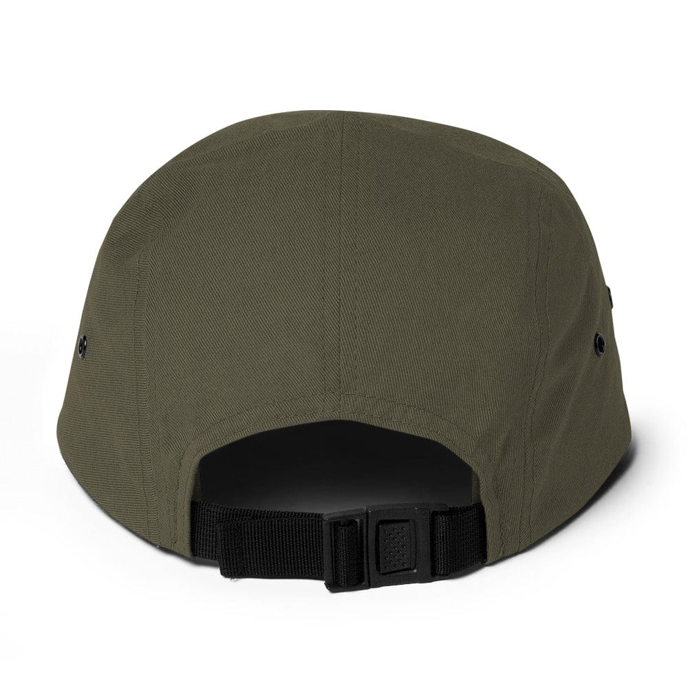Olive green five-panel cap with adjustable back strap and curved brim
