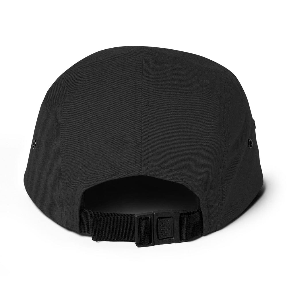 Black five-panel cap with adjustable back strap and curved brim
