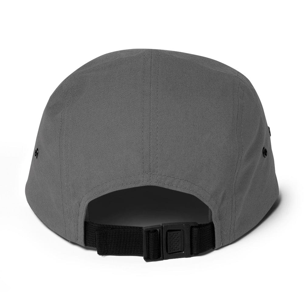 Grey five-panel cap with adjustable back strap