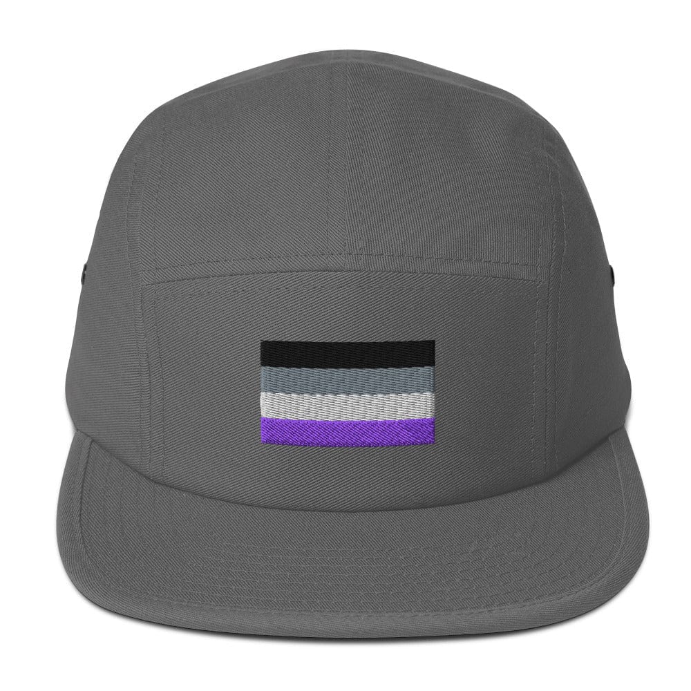 Dark gray five-panel cap with embroidered purple-and-gray flag stripe patch