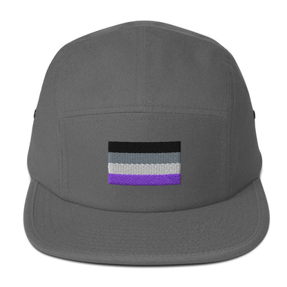 Dark gray five-panel cap with embroidered purple-and-gray flag stripe patch