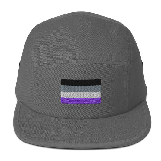 Dark gray five-panel cap with embroidered purple-and-gray flag stripe patch