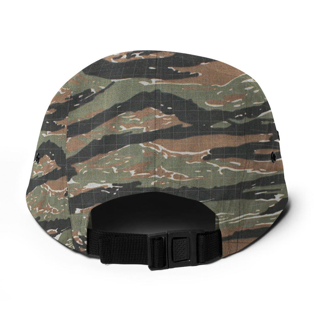 Green camo five-panel cap with back strap and purple flag stripe patch
