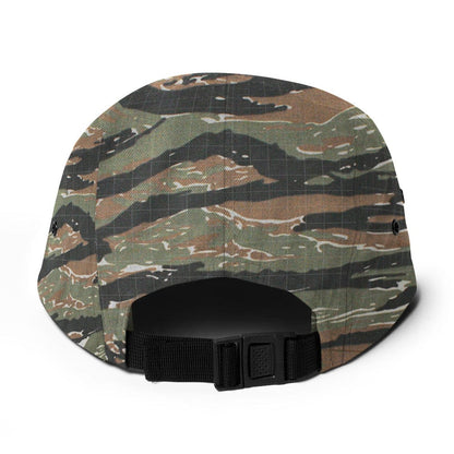 Green camo five-panel cap with back strap and purple flag stripe patch