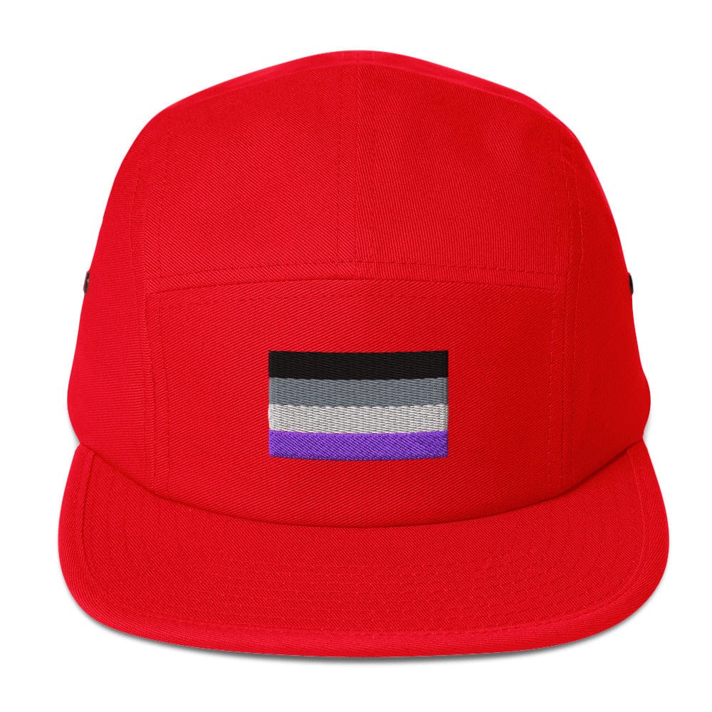 Red five-panel cap with embroidered purple-and-gray flag stripe patch