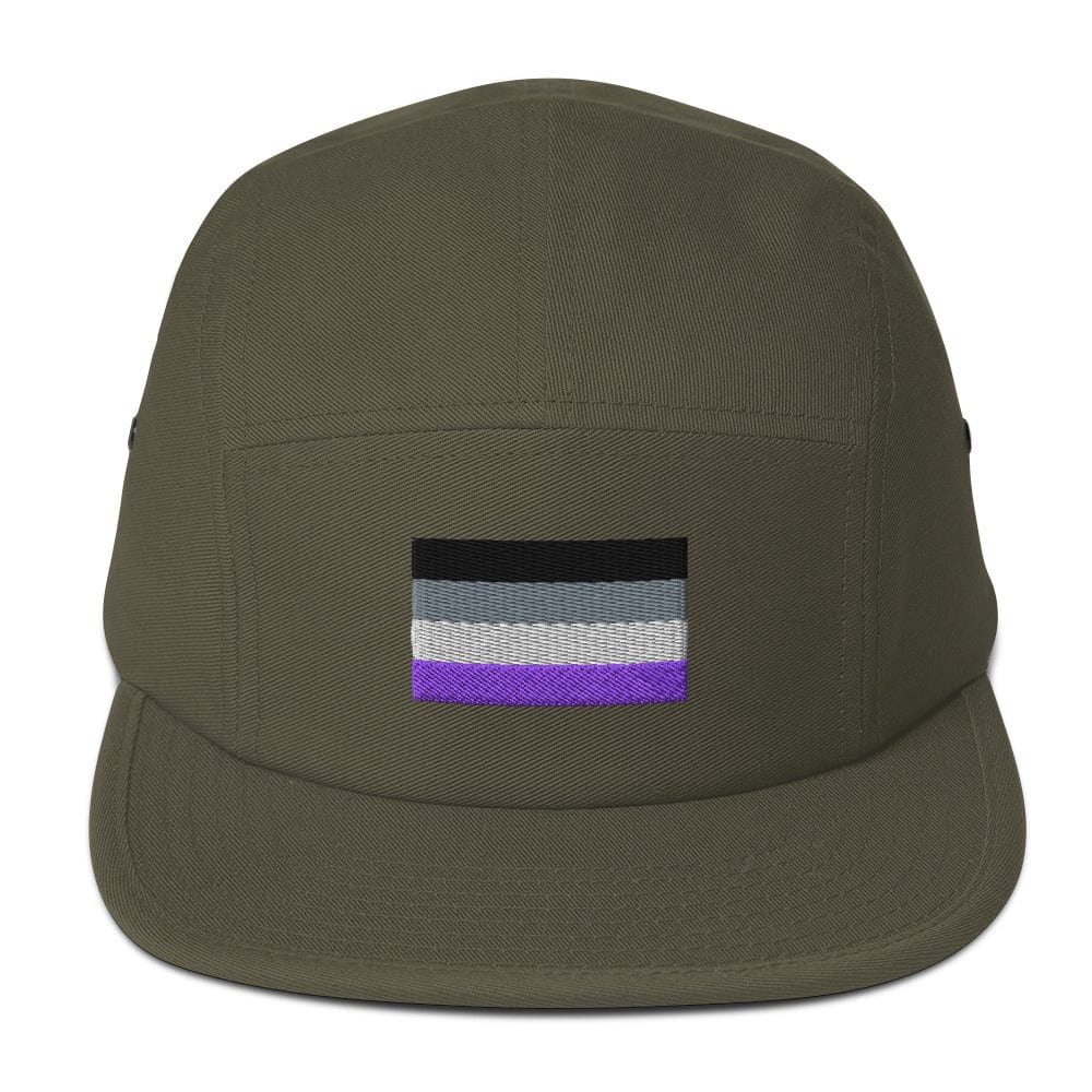 Olive green five-panel cap with embroidered purple-and-gray flag stripe patch