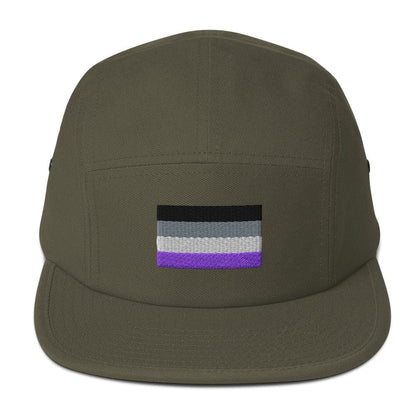 Olive green five-panel cap with embroidered purple-and-gray flag stripe patch