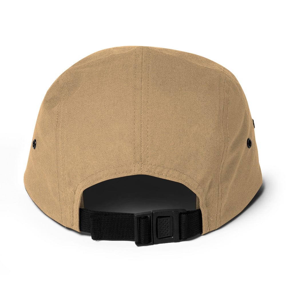 Khaki five-panel cap with adjustable back strap