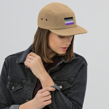 Khaki five-panel cap with small asexual flag patch on front panel