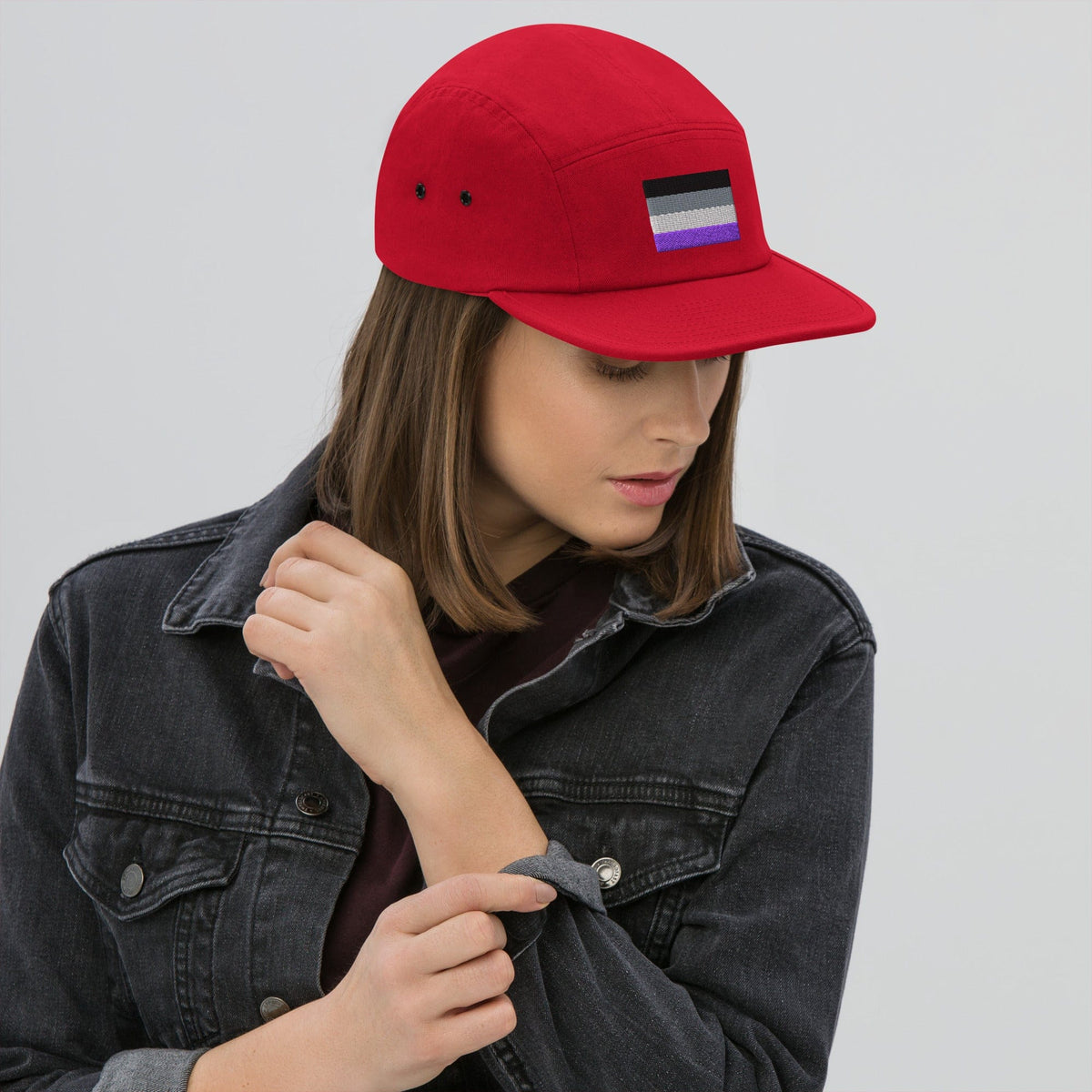Red five-panel cap with purple and white flag stripe patch