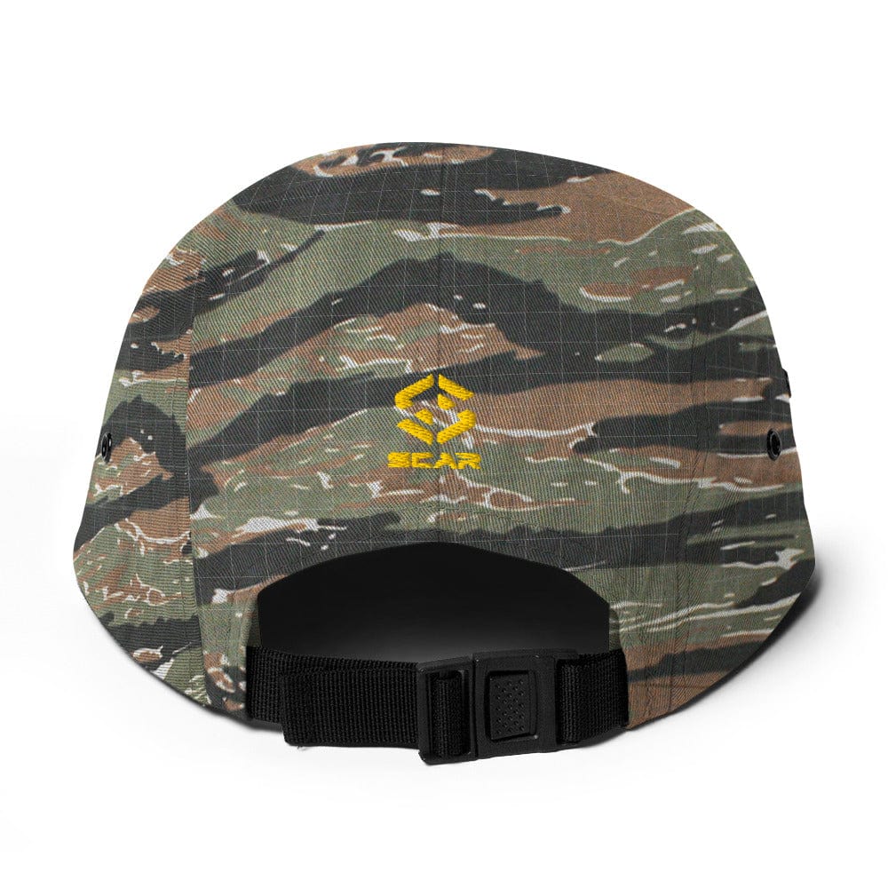 Camo five-panel cap with embroidered yellow emblem and adjustable black strap