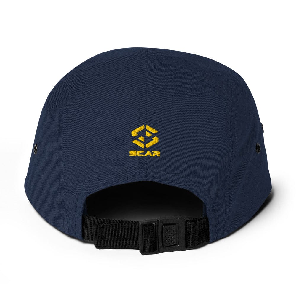 Navy five-panel cap with embroidered yellow emblem and adjustable black strap