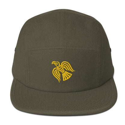 Olive green five-panel cap with embroidered yellow raven emblem on the front