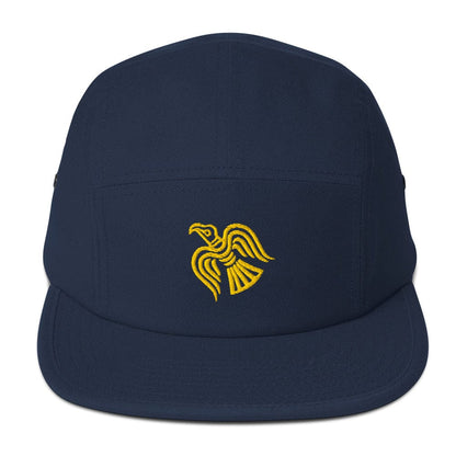 Navy five-panel cap with embroidered yellow raven emblem on the front