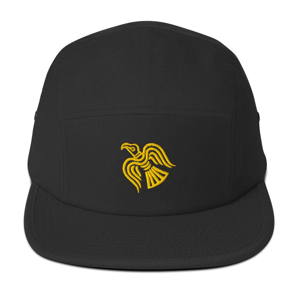 Black five-panel cap with embroidered yellow raven emblem on the front