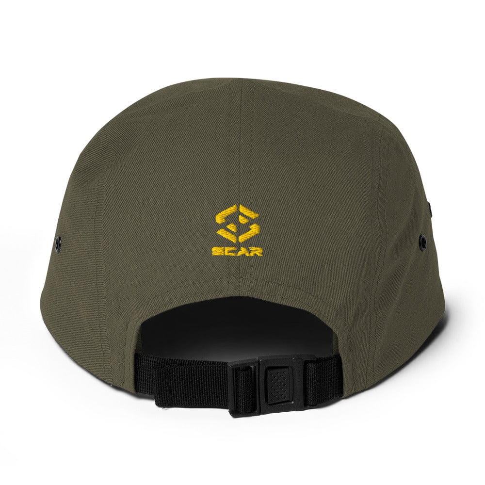 Olive green five-panel cap with embroidered yellow emblem and adjustable black strap