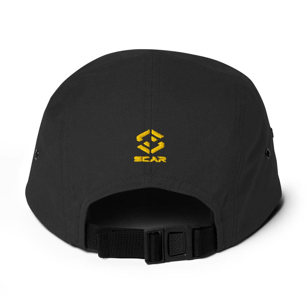 Black five-panel cap with embroidered yellow emblem and adjustable black strap