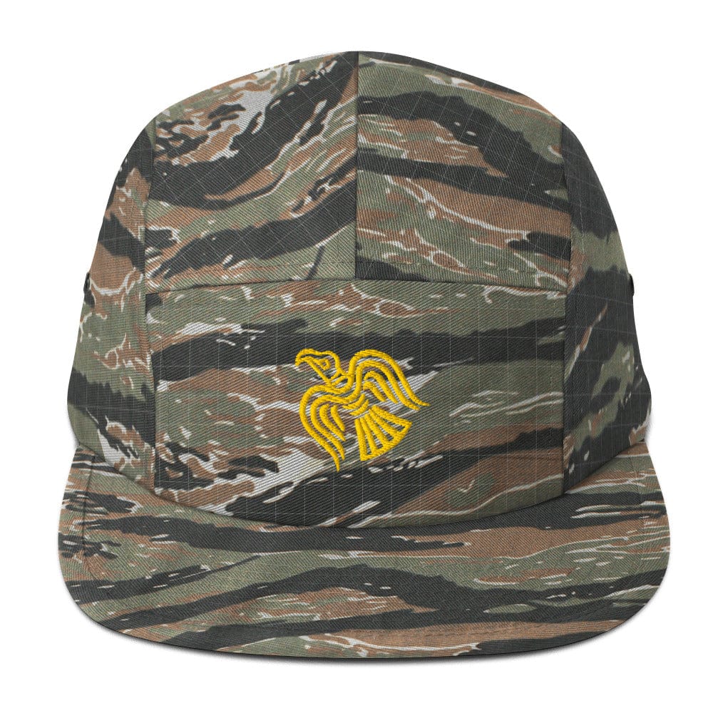 Camo five-panel cap with embroidered yellow raven emblem on the front