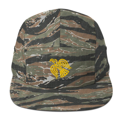 Camo five-panel cap with embroidered yellow raven emblem on the front