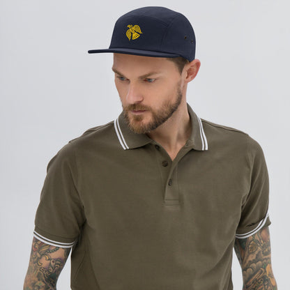Navy five-panel cap with embroidered yellow Viking raven emblem and curved brim