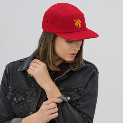 Red five-panel cap with embroidered yellow Viking raven emblem and curved brim