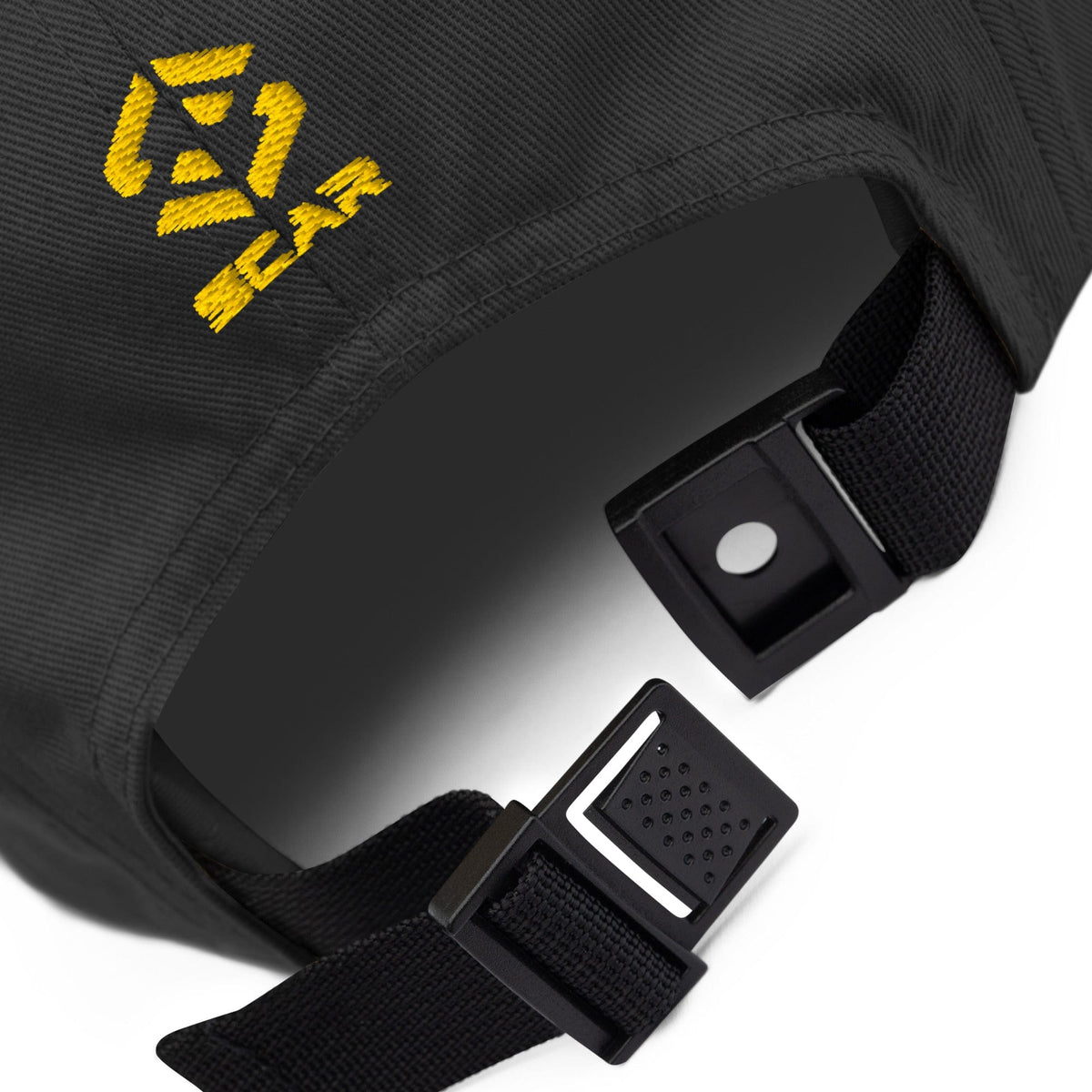 Black five-panel cap with embroidered yellow emblem and adjustable strap buckles