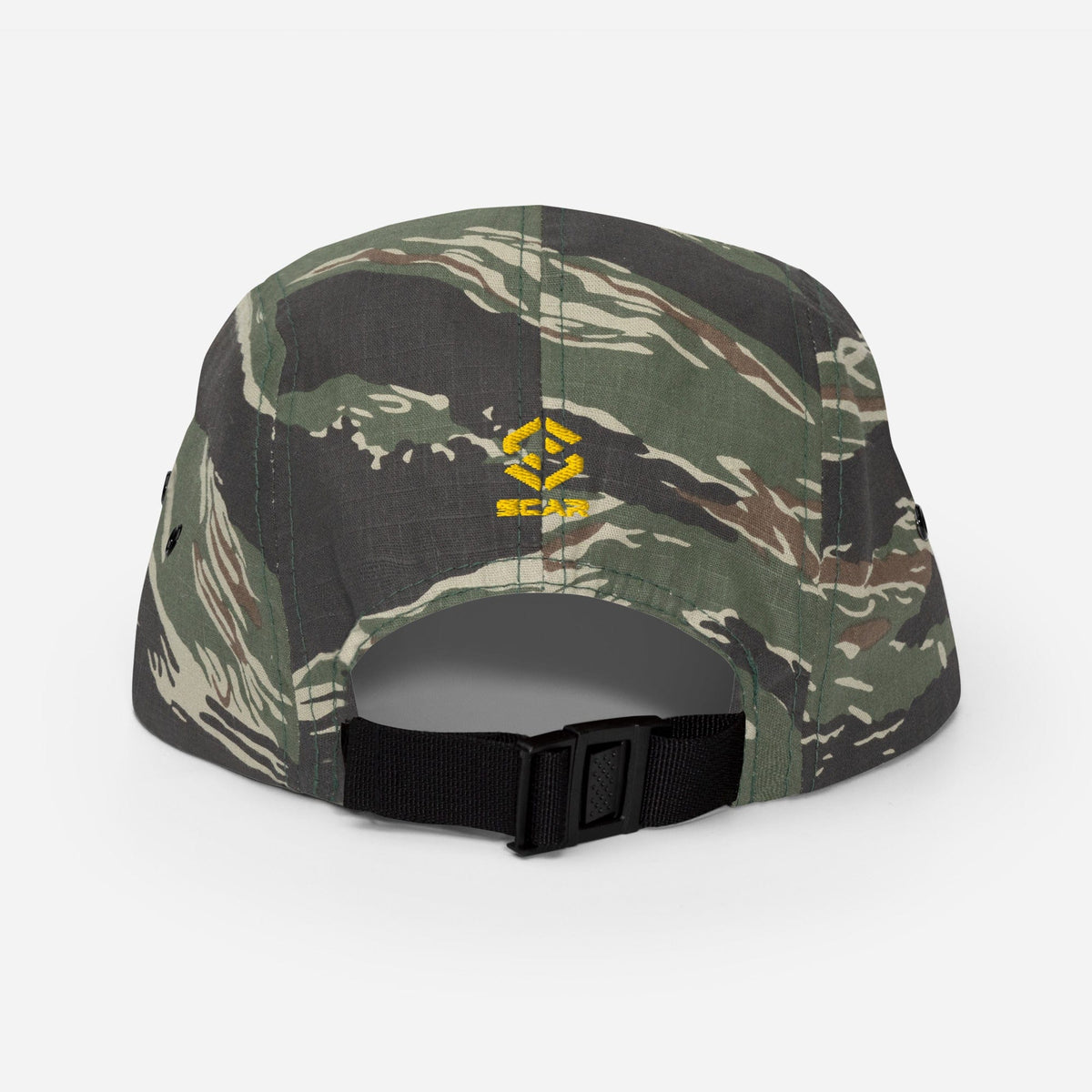 Camouflage five-panel cap with embroidered yellow raven emblem and black strap