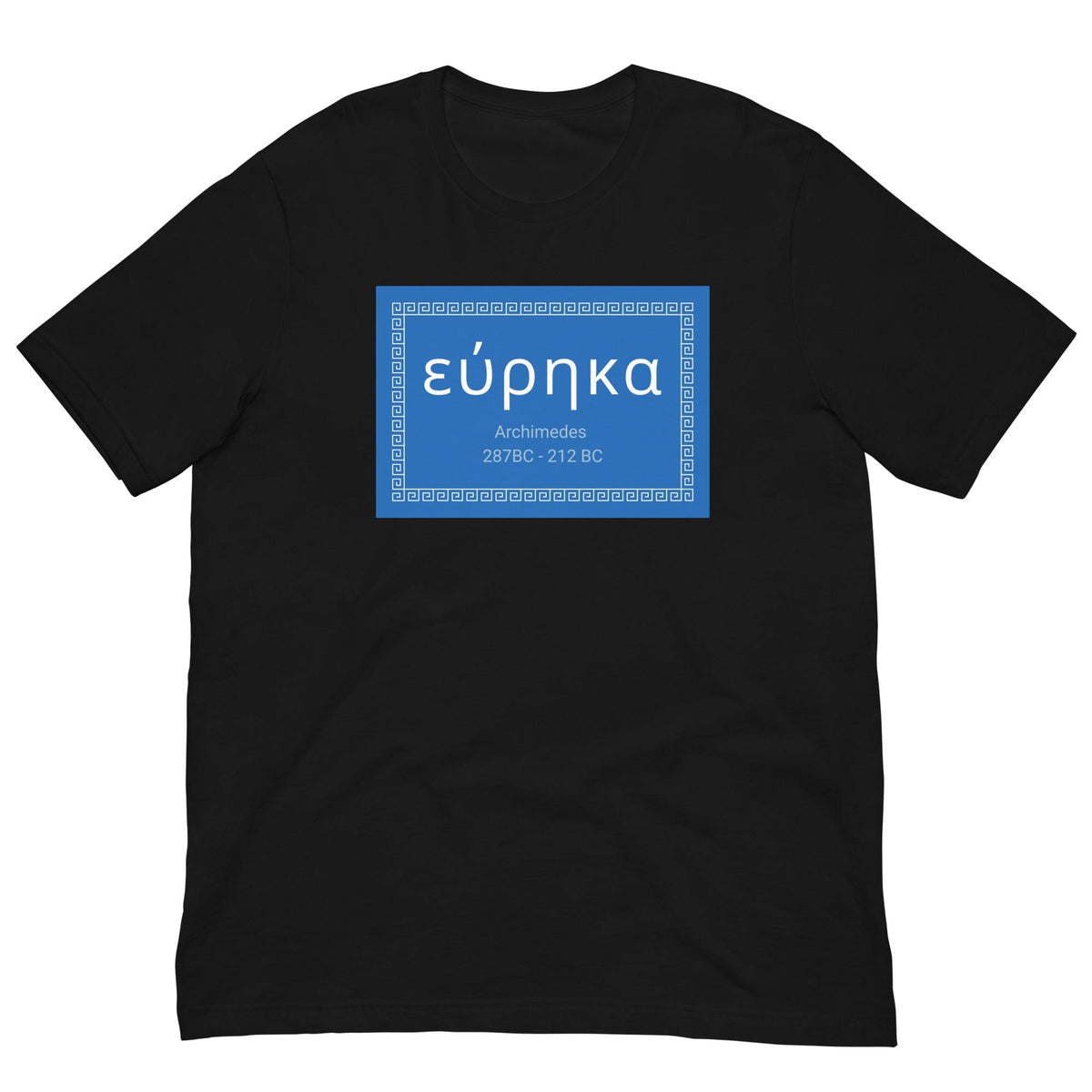 Black crewneck T-shirt with blue “εύρηκα” quote graphic on front.