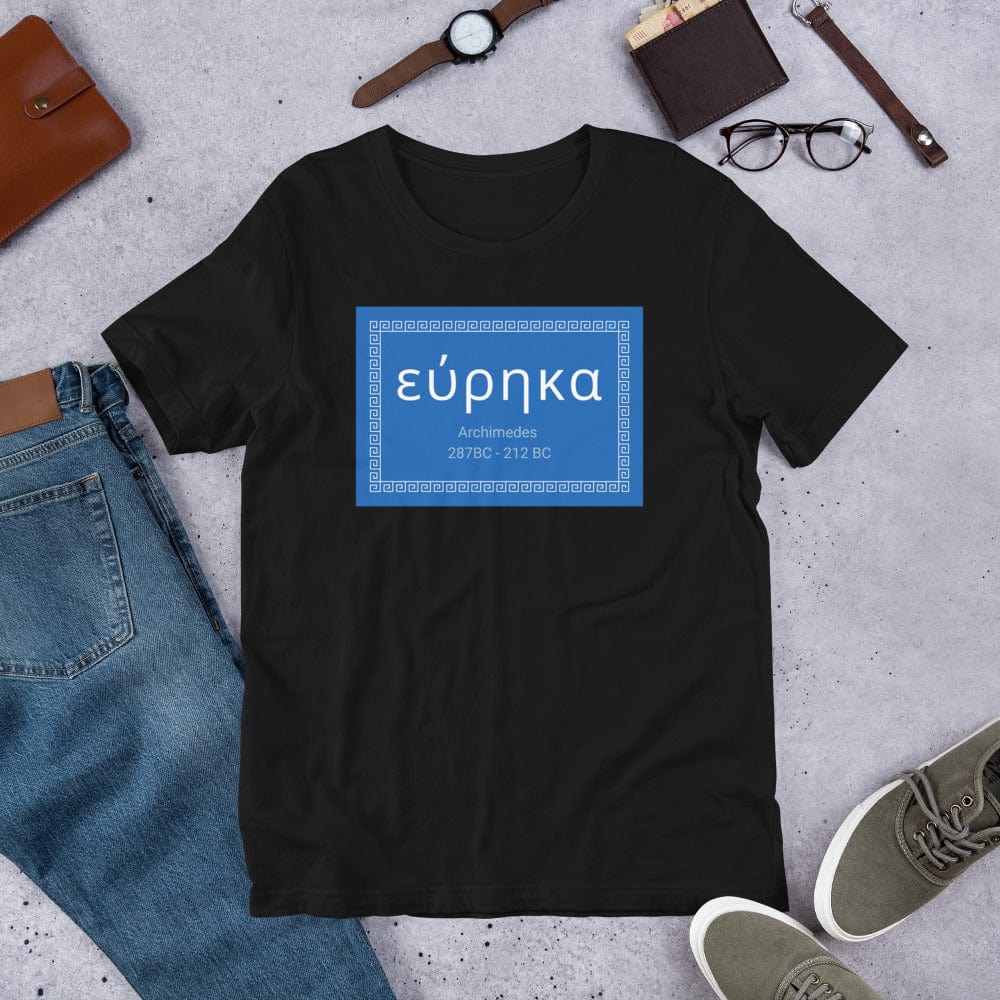 Black crewneck T-shirt with centered blue “εύρηκα” quote graphic.