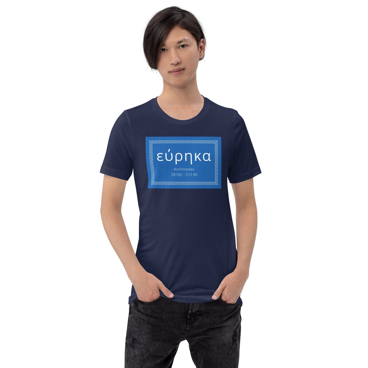Navy crewneck T-shirt with blue “εύρηκα” quote graphic on front.