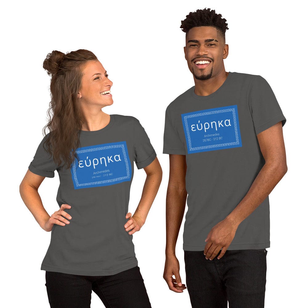 Dark gray crewneck T-shirt with blue “εύρηκα” quote graphic on front.